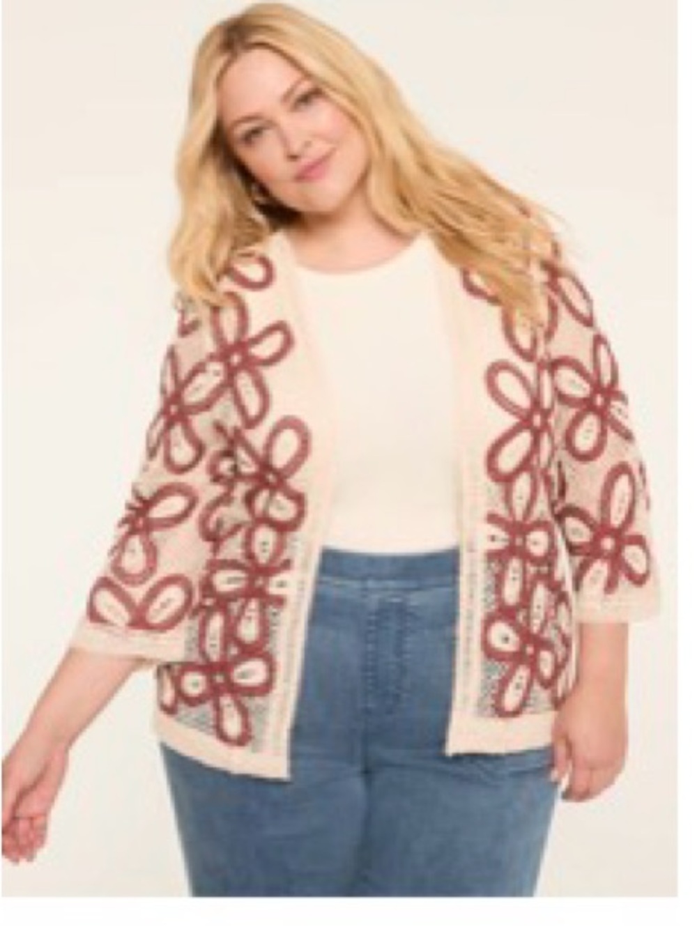 Lane Bryant Cream Open-Front Cardigan with Rust Color Floral Accents